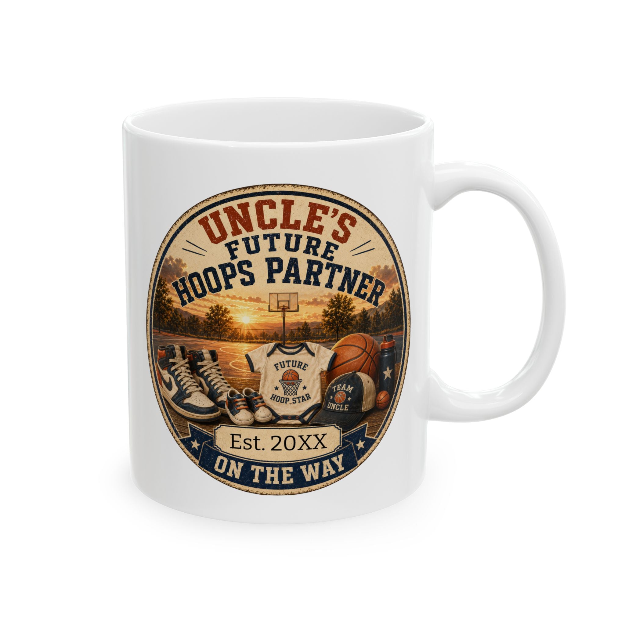 Uncles Future Hoops Partner pregnancy announcement mug - vintage badge design with basketball court and Future Hoop Star onesie on white 11oz ceramic