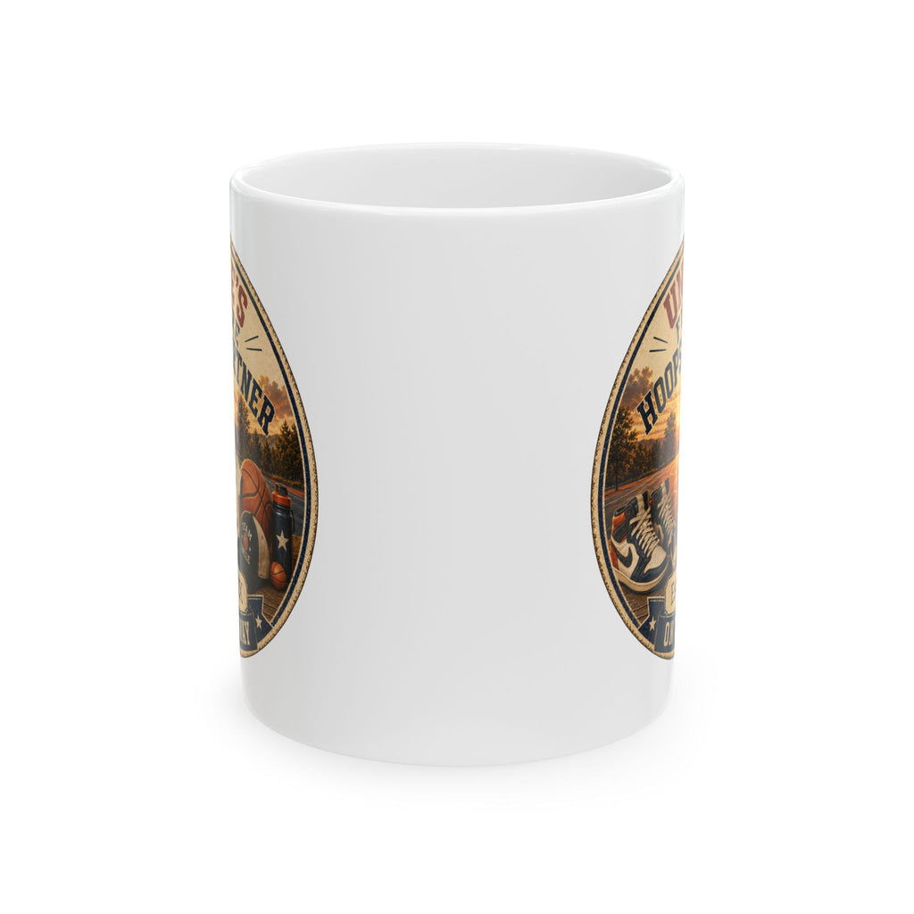 Future uncle basketball mug pregnancy reveal gift - white ceramic with sunset court illustration and baby announcement design