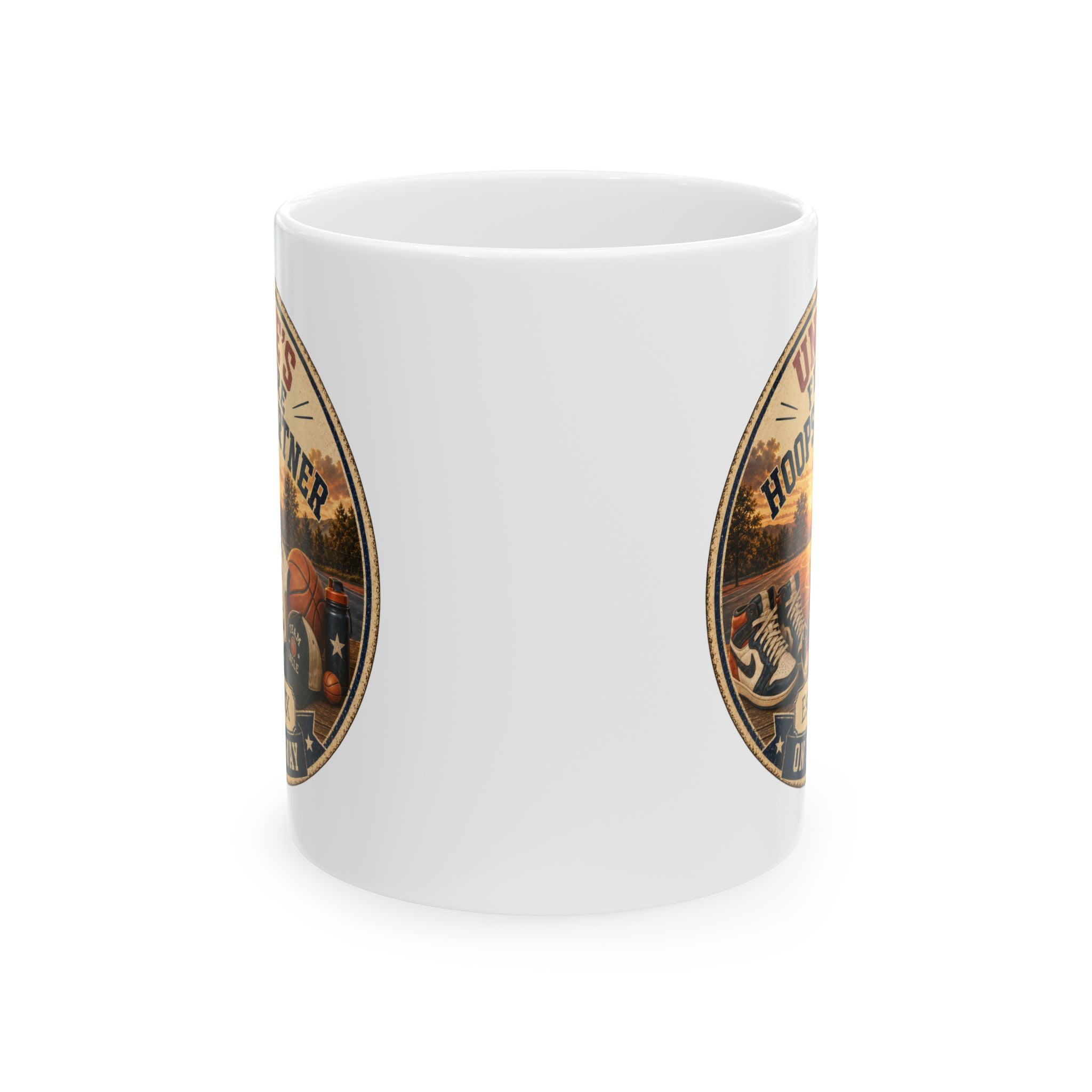 Future uncle basketball mug pregnancy reveal gift - white ceramic with sunset court illustration and baby announcement design