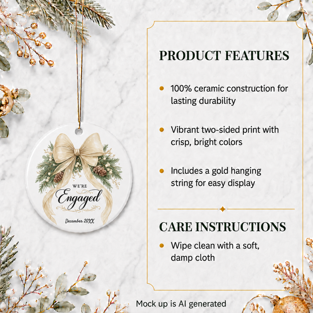 We're Engaged ornament shown as a bridal shower keepsake gift