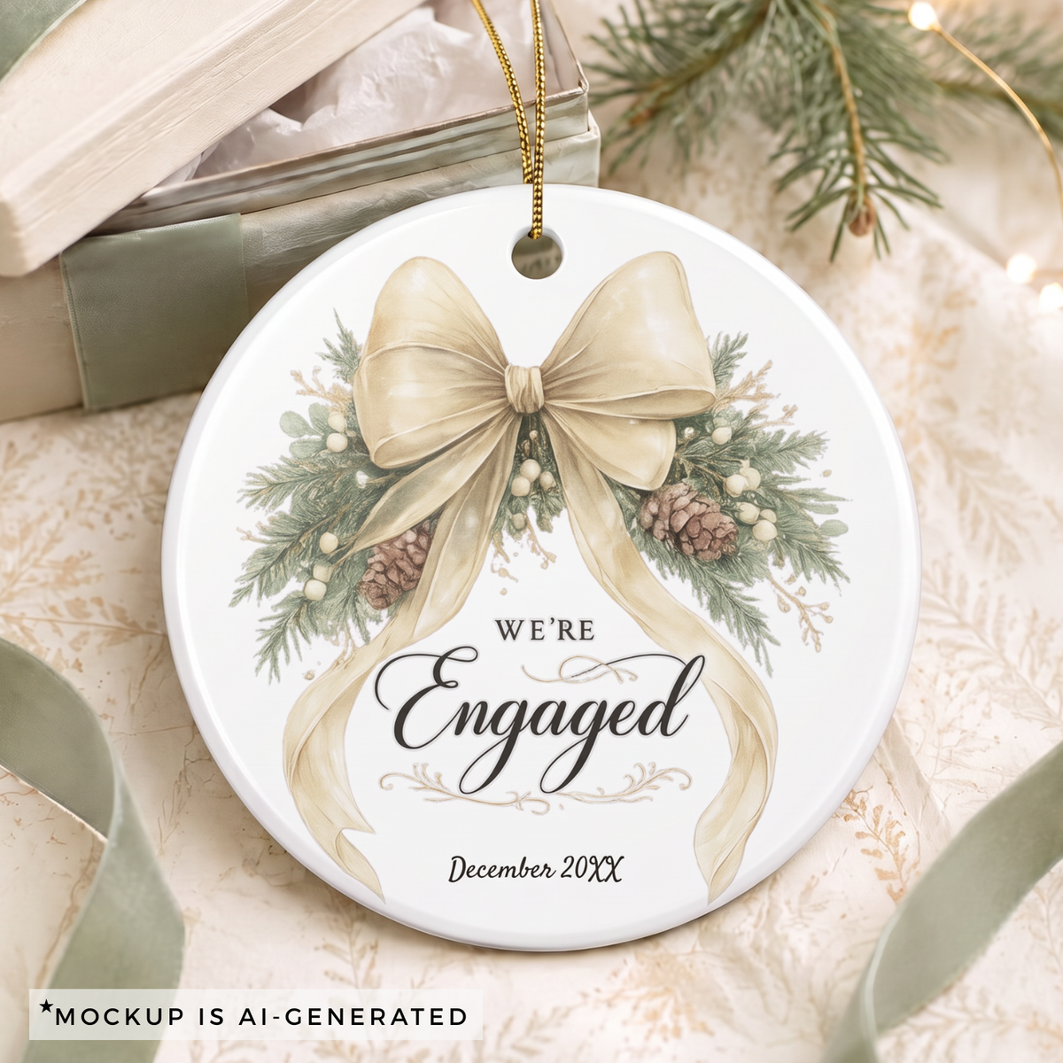 Close-up of the cream bow and personalized date on the We're Engaged ornament