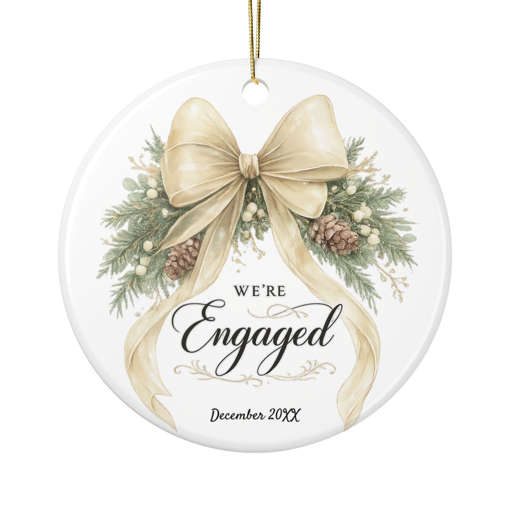 We're Engaged ornament displayed with engagement gift wrapping