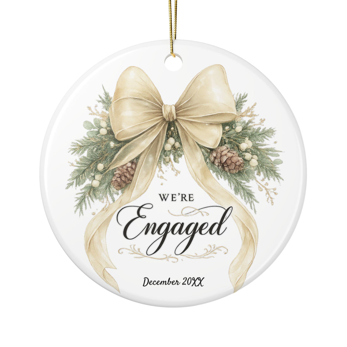 We're Engaged ornament displayed with engagement gift wrapping