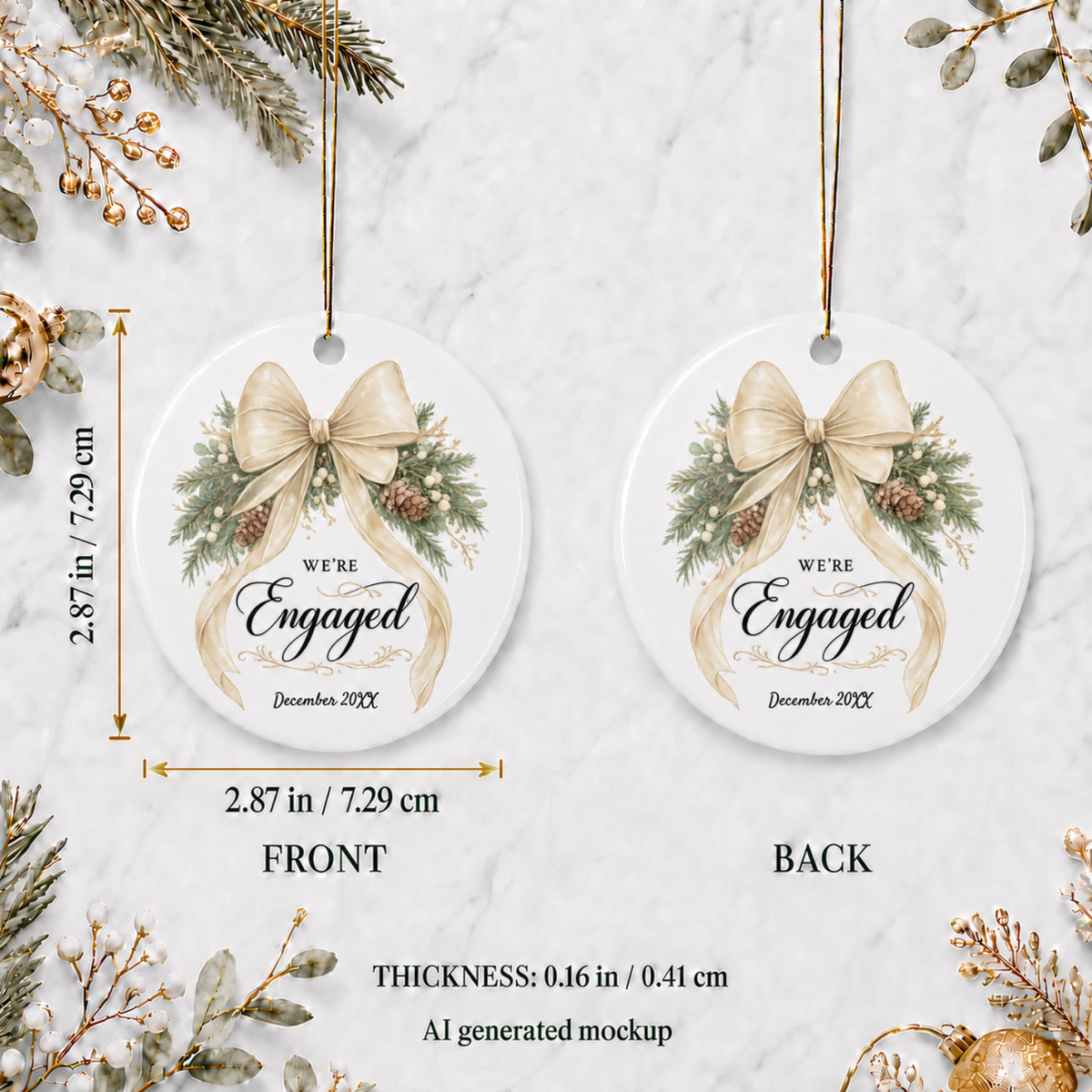 We're Engaged ornament size reference on a ceramic circle