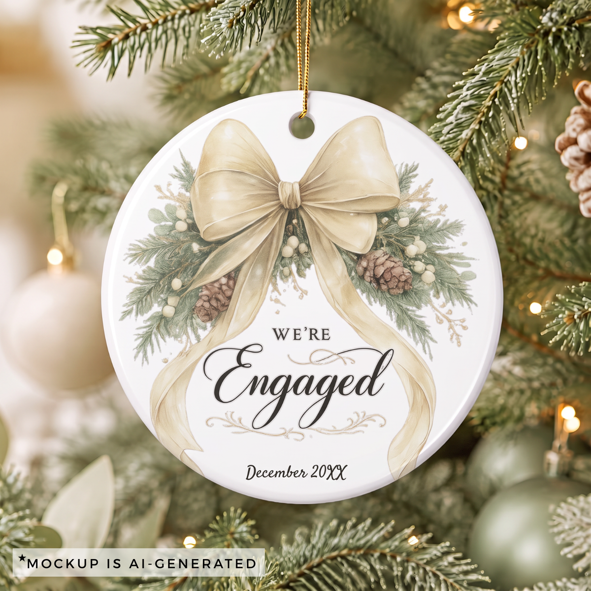 We're Engaged ornament shown hanging on a Christmas tree